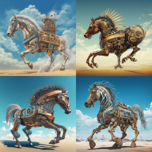 An AI generated image showing four horses made of cogs, each representing artifical intelligence bolting away from us.
