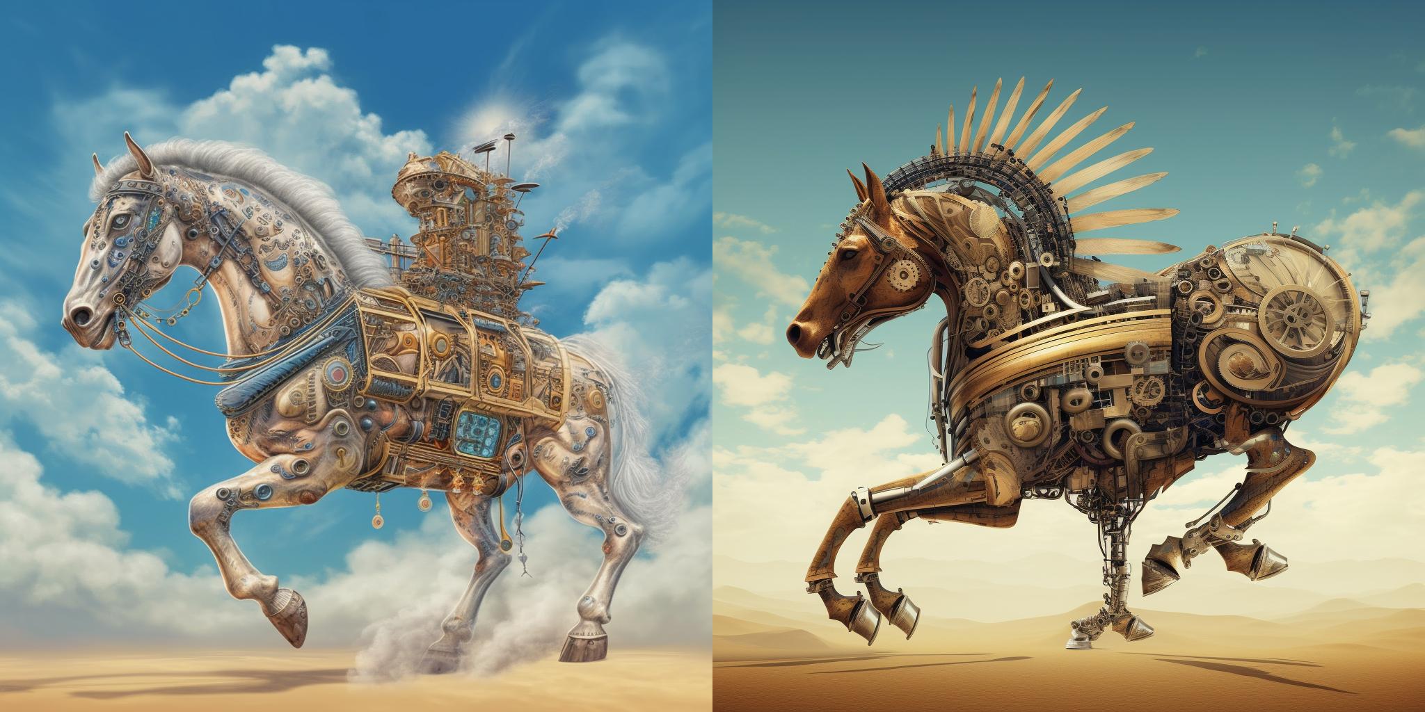 An AI generated image showing two horses made of cogs, each representing artifical intelligence bolting away from us.